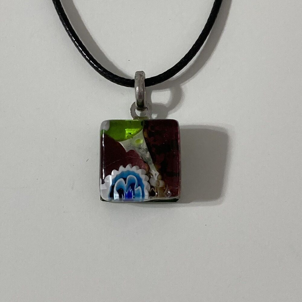 Artisan Murano Style Square Cut Glass Pendant Necklace Corded Purple Green